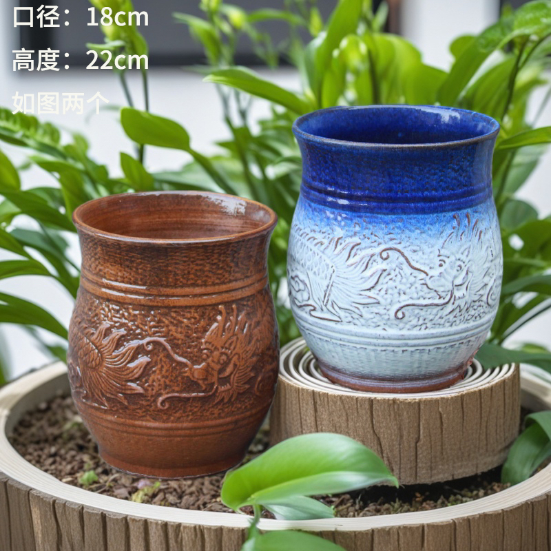 X02徐现代简约粗陶花盆浮雕九尾狐法师三角梅兰花植物花卉专用盆