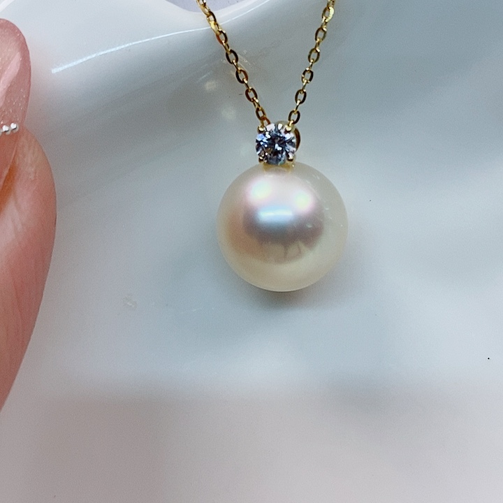 海水珍珠吊坠(不含链)18K金镶嵌澳白吊坠13-14mm