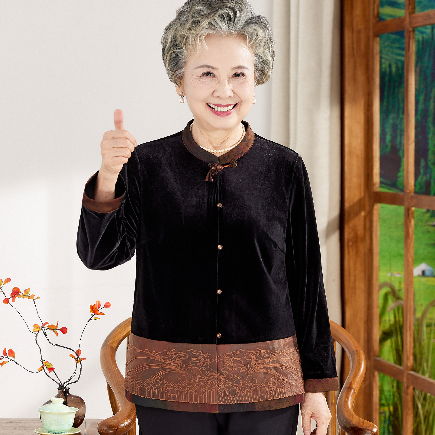 中老年人衬衫女奶奶秋装薄款外套老太太金丝绒上衣服妈妈秋天长袖