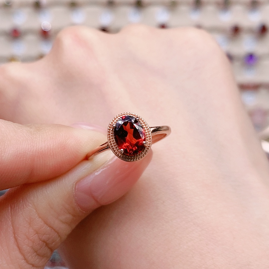 石榴石戒指银S925镶嵌戒指