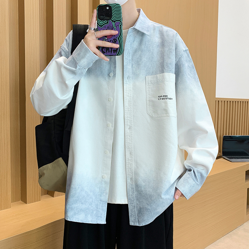 青少年渐变拼色复古扎染男生翻领衬衫秋季休闲百搭日系上衣潮流男
