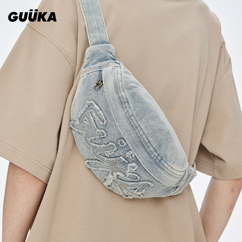 潮牌复古做旧牛仔包男LOGO刺绣单肩斜挎包女 设计感小众胸包R7658