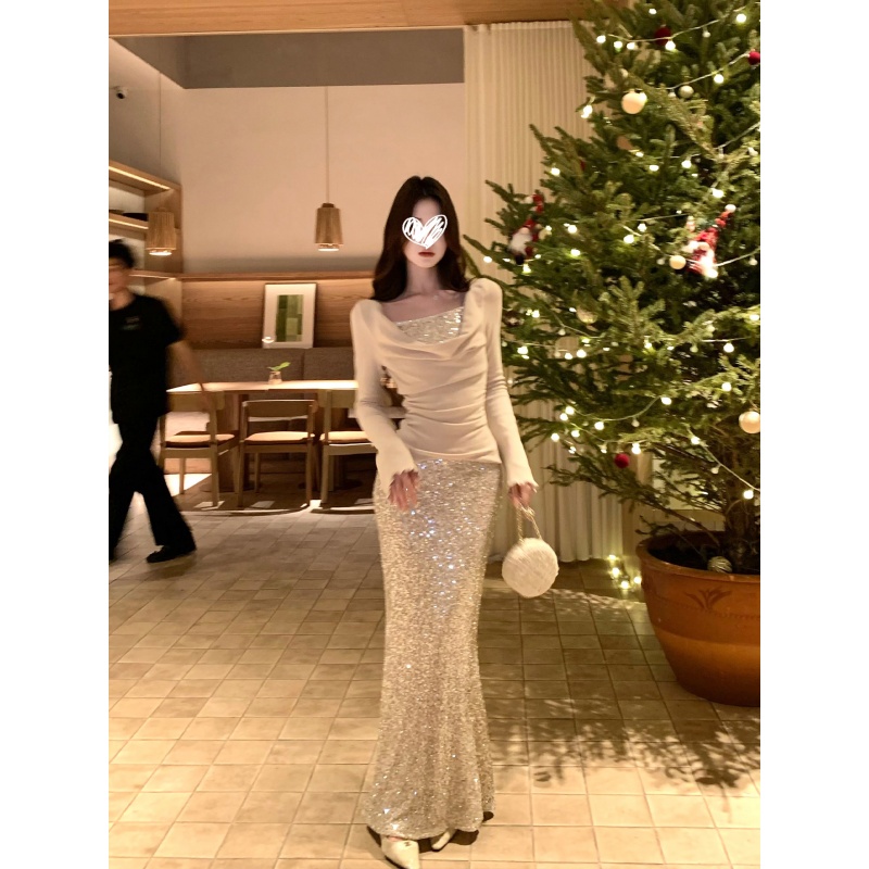 设计感珠片拼接针织上衣+亮片包臀鱼尾半身裙两件套套装冬F02078