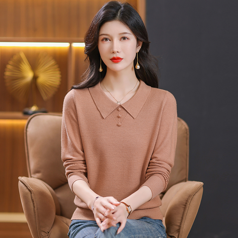 库妃秋季娃娃领长袖气质超细针织衫女百搭打底衫上衣