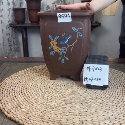 紫砂花盆紫泥枇杷手绘高四方0691
