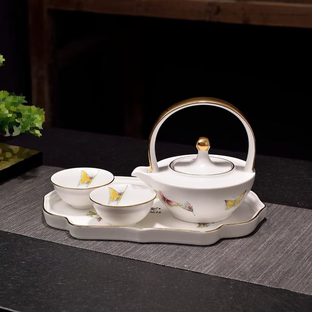 日式轻奢蝴蝶茶具套装 一壶两杯带托盘@@1