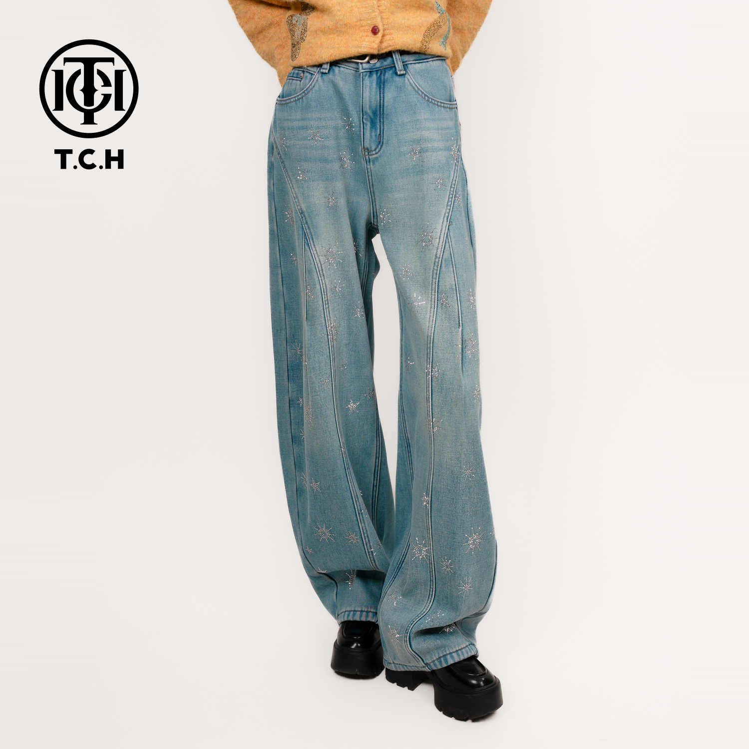 TCH私服冬款新时尚烫钻时尚淑女蓝色牛仔裤女T75D20E1062轻奢tch
