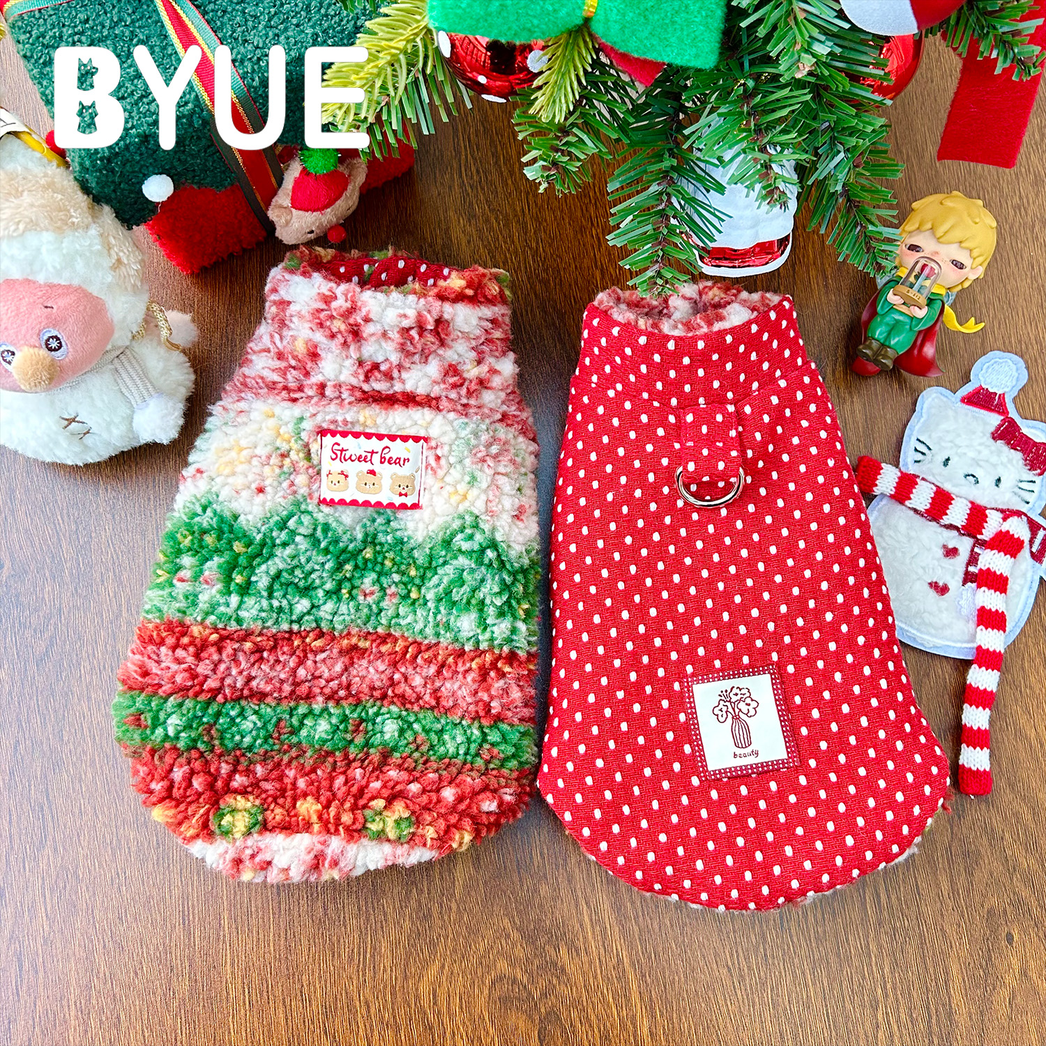BYUE宝悦「圣诞双面绒」红绿绒波点红双面穿保暖宠物衣服猫咪狗狗