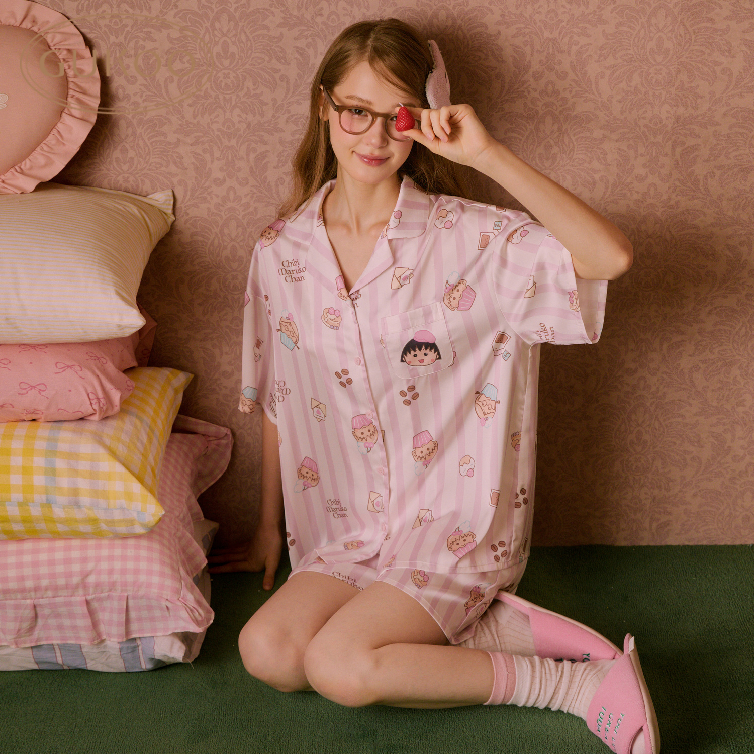 Gukoo/果壳睡衣冰丝樱桃小丸子联名甜美家居服套装826226203601