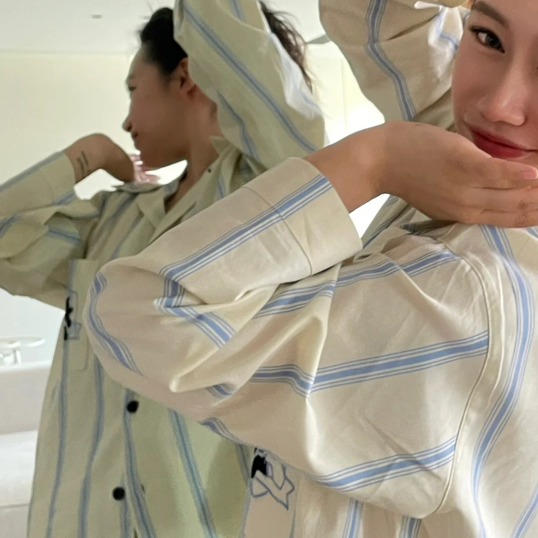 【长袖+长裤】蓝白两色竖条纹黑豹先生夏季凉感舒适情侣睡衣睡衣