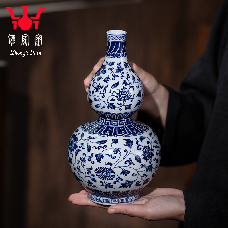钟家窑陶瓷花瓶景德镇柴窑青花手绘拓水牡丹花葫芦瓶花器茶桌摆件