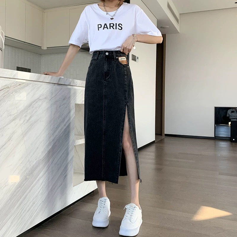 2217 GZ高腰侧开叉牛仔半身裙女春夏中长款包臀裙辣妹显瘦a字裙