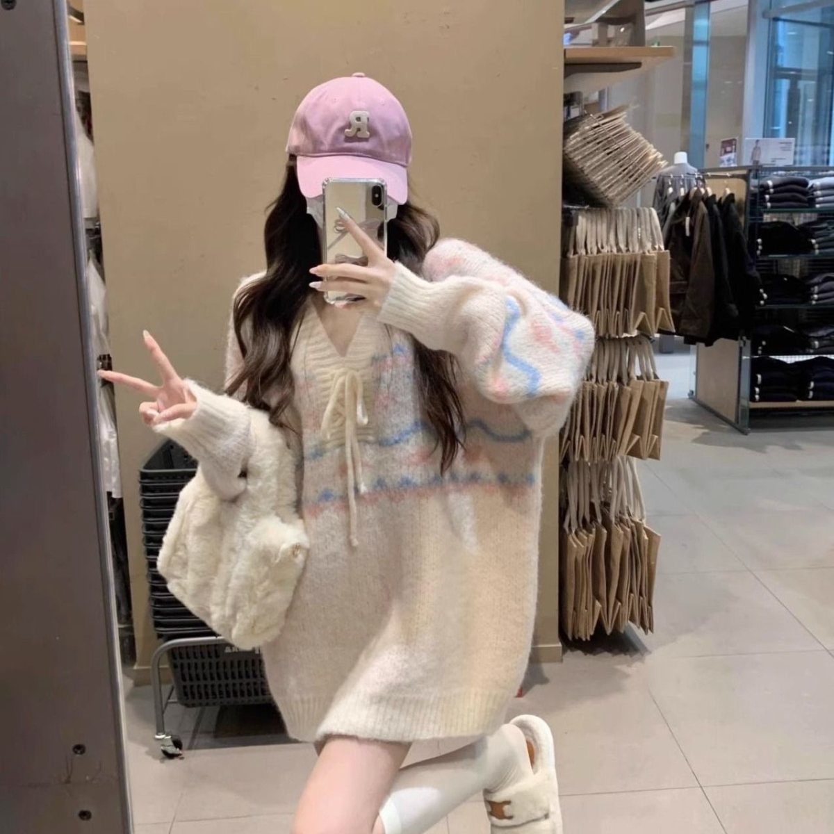 温柔风软糯糯针织衫V领长袖套头宽松可外穿上衣慵懒风毛衣女秋冬