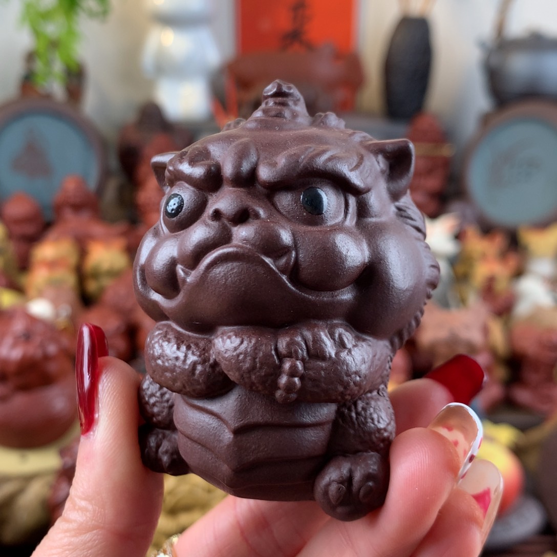 紫砂茶宠事事如意喜狮紫泥