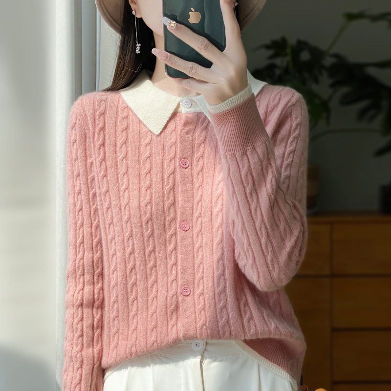 时髦气质~秋冬新款POLO领扭花羊毛开衫女外套针织衫毛衣羊毛衫