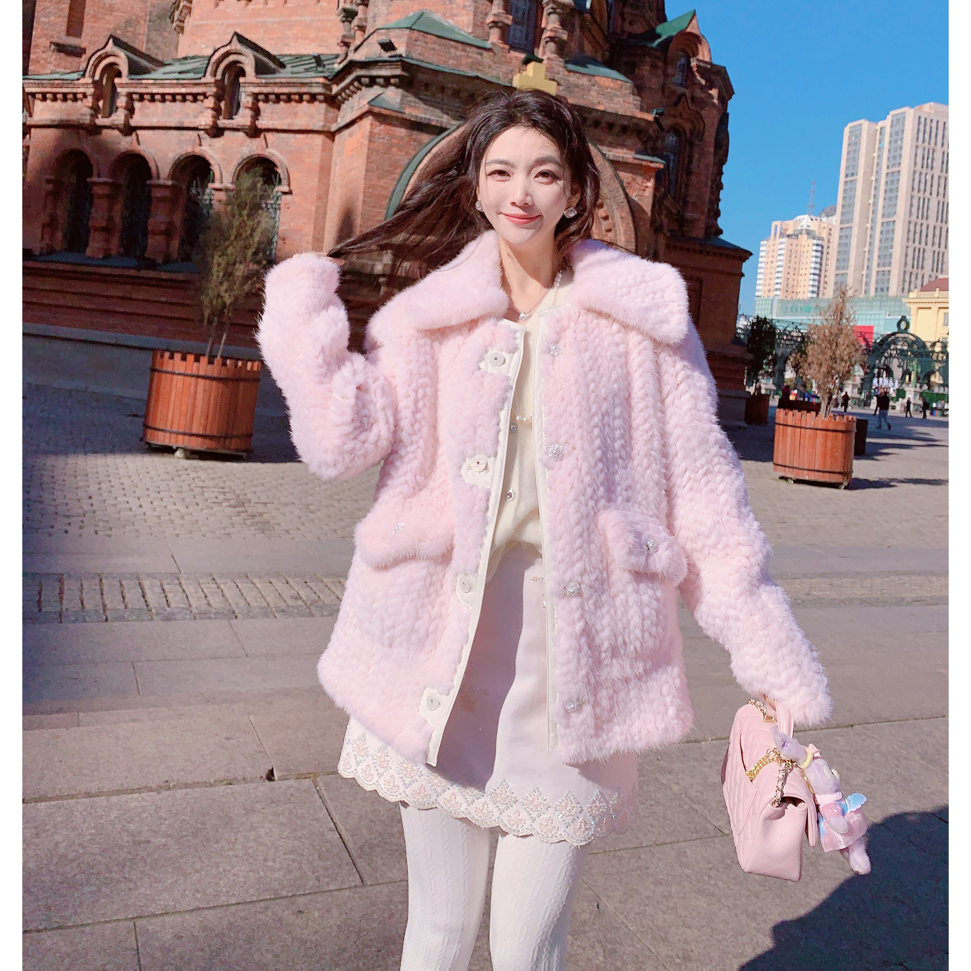 MissLuxury【稀有限量】进口水貂编织皮草外套女冬保暖粉色少女感