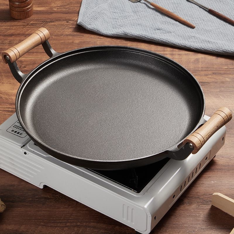 浅款木柄30cm-33cm烙饼锅铸铁加厚平底烙饼锅家用无涂层多用煎锅