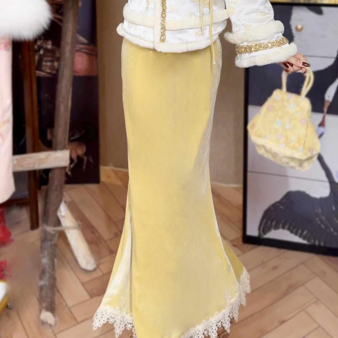 【媛珠 黄梨月白半裙】重工黄色蕾丝高腰刺绣鱼尾国风贵气时尚套装