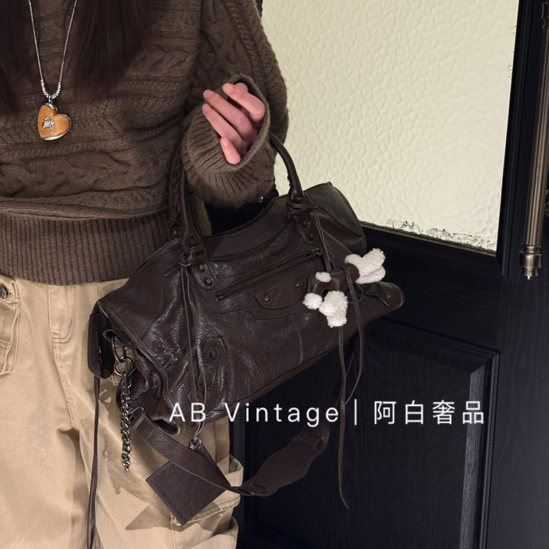 95新 Balenciaga/巴黎世家 阿白奢品/巧克力色中号机车包