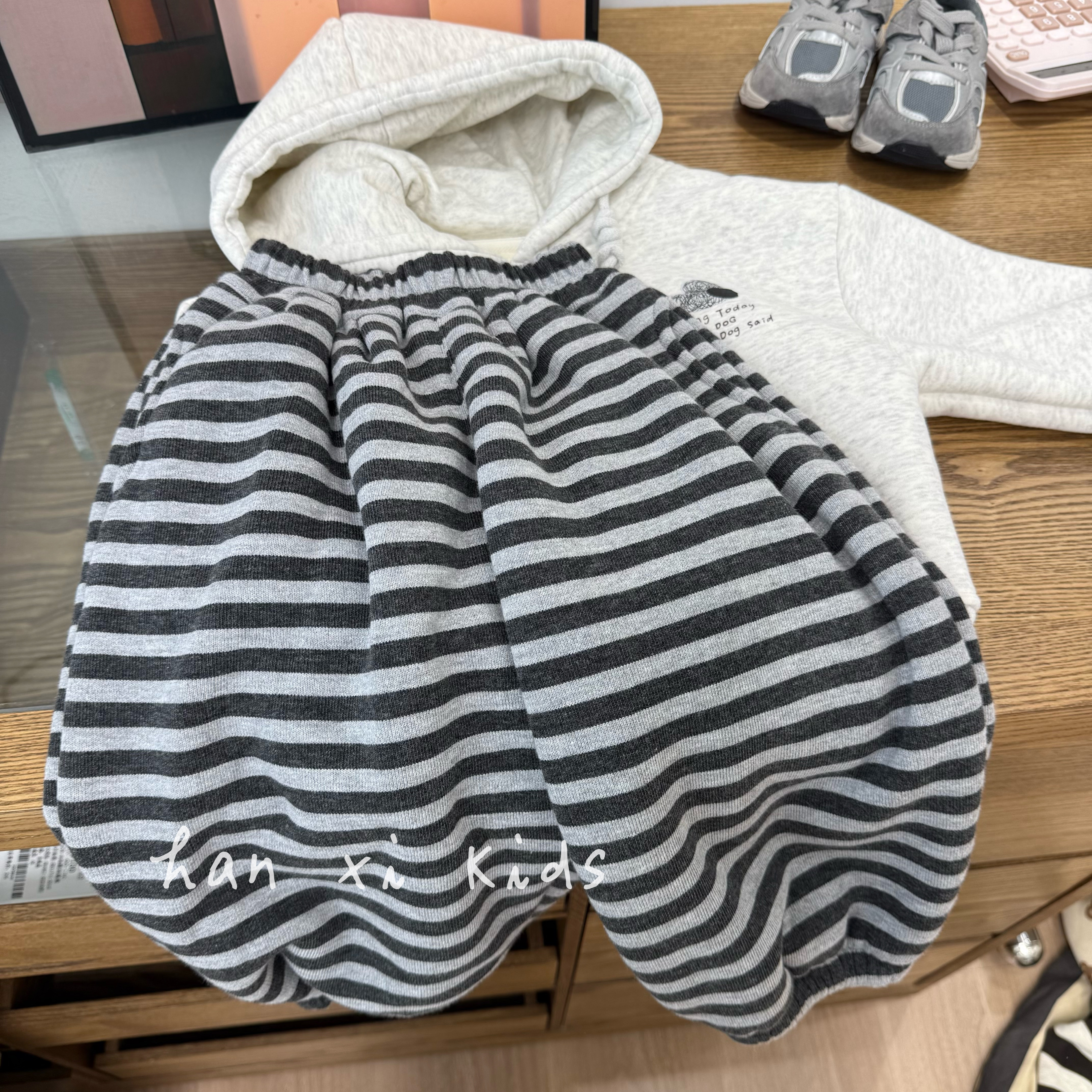 厚实~气质超韩！韩国男女童经典条纹加厚加绒卫裤儿童百搭休闲裤冬