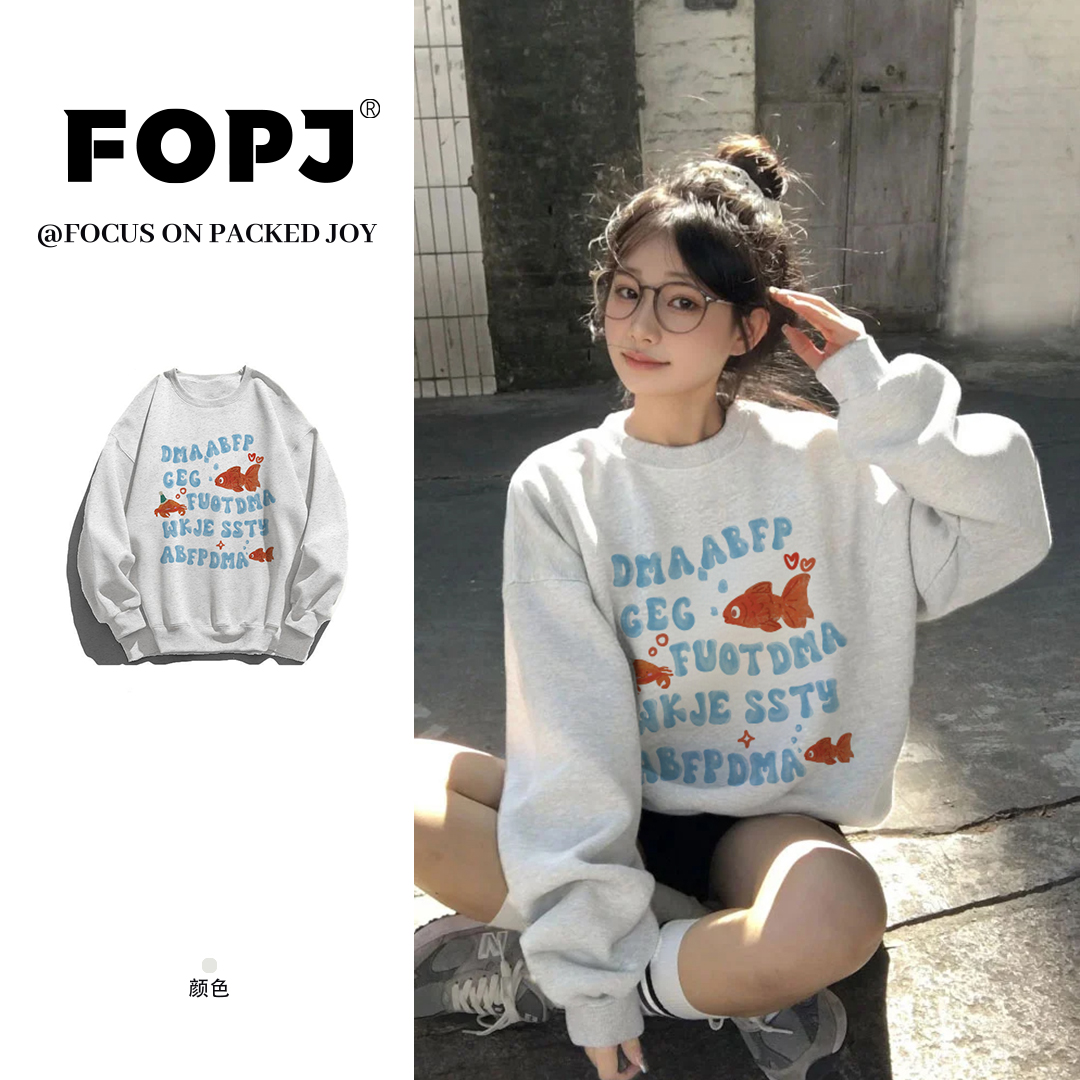 FOPJ早秋新款灰色系小金鱼印花圆领长袖卫衣女设计感宽松百搭上衣