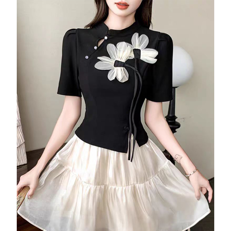 （女装）194 新中式不规则设计感立体花朵盘扣T恤上衣