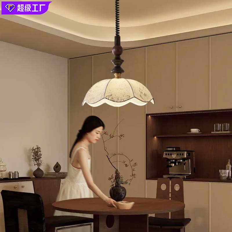 宋式美学可伸缩小吊灯美式中古床头卧室小餐厅吧台花纹布艺吊灯