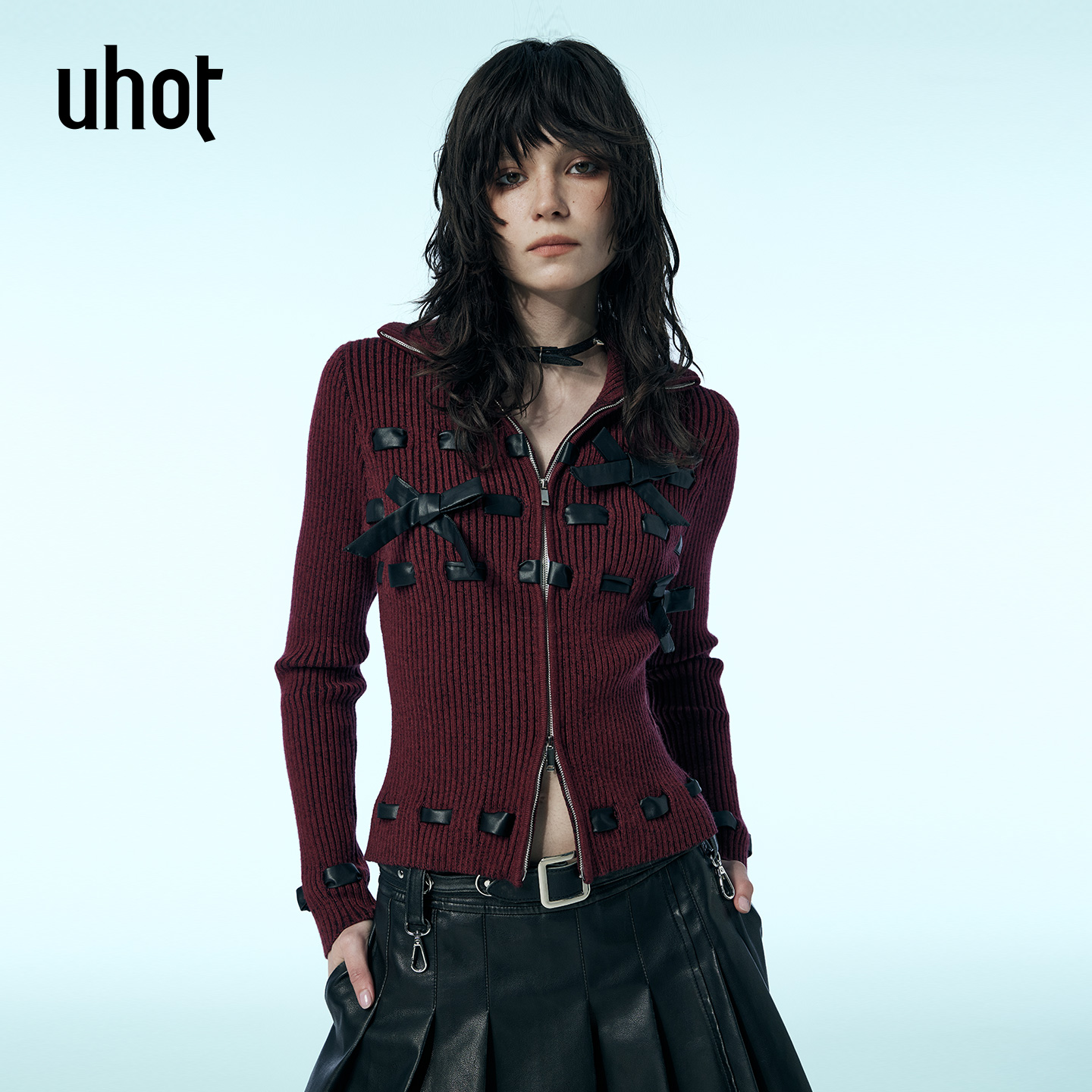 UHOT/诱货酒红色开衫修身收腰显瘦坑条肌理感25冬季新款UWWW5Z293