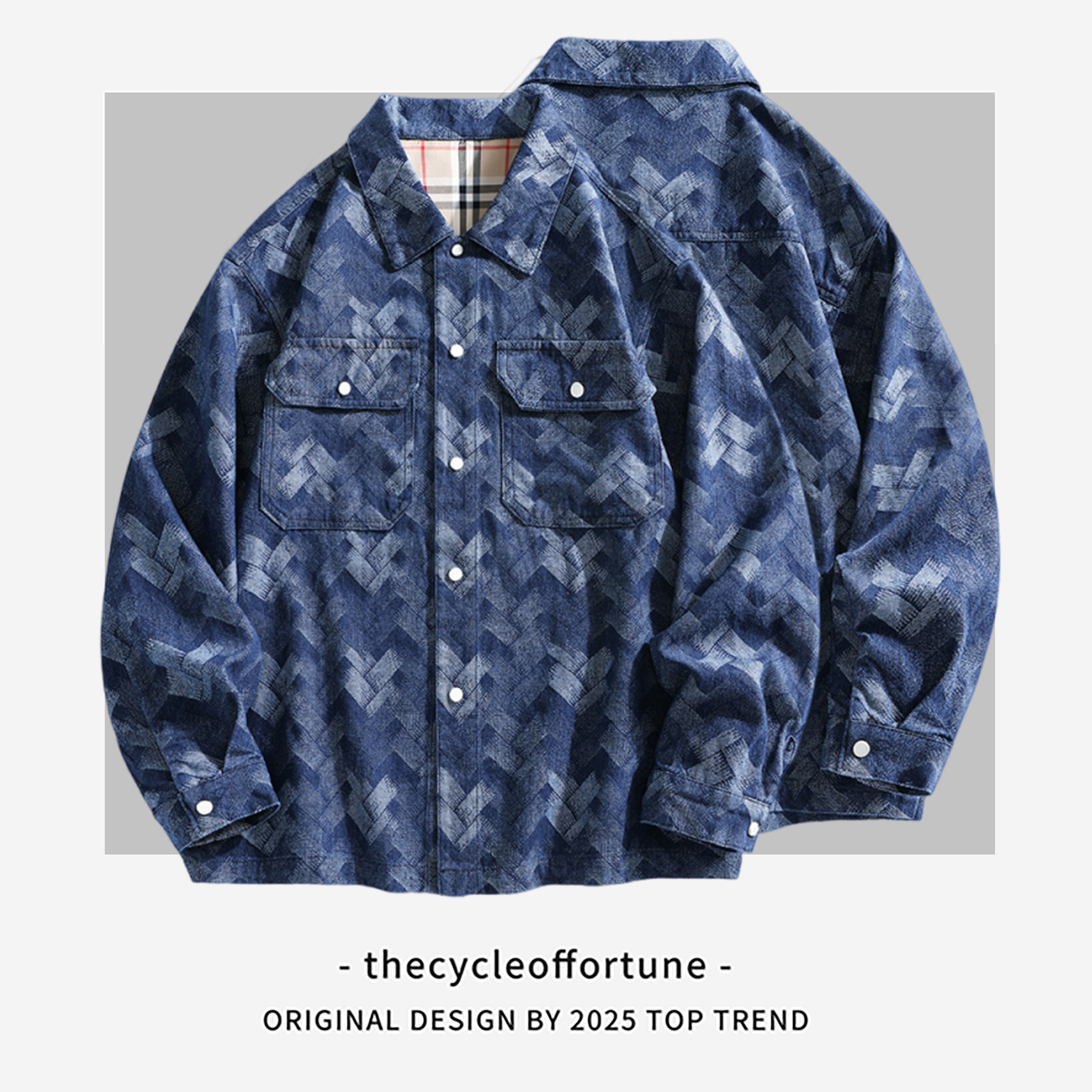 大码复古格子牛仔衣翻领休闲港风拉链夹克牛仔男青春活力秋季068