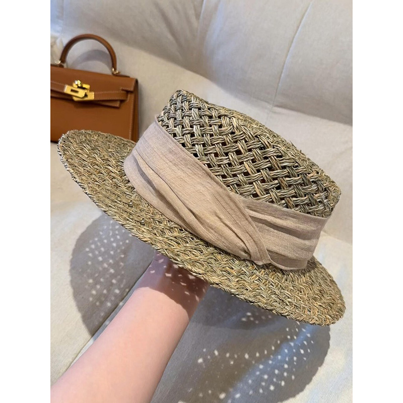 高端定制!老钱感夏季咸水草编亚麻缎带礼帽女度假平顶草帽轻奢帽