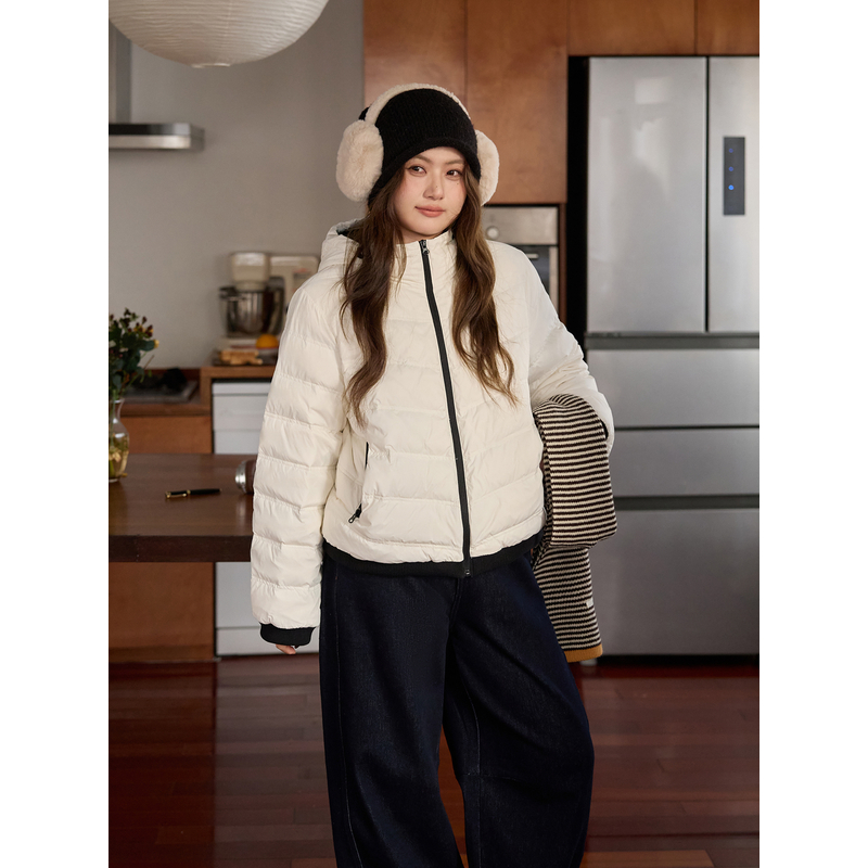 ALINDM【轻暖假期】大码微胖mm落肩袖撞色连帽排骨羽绒服 AS27312