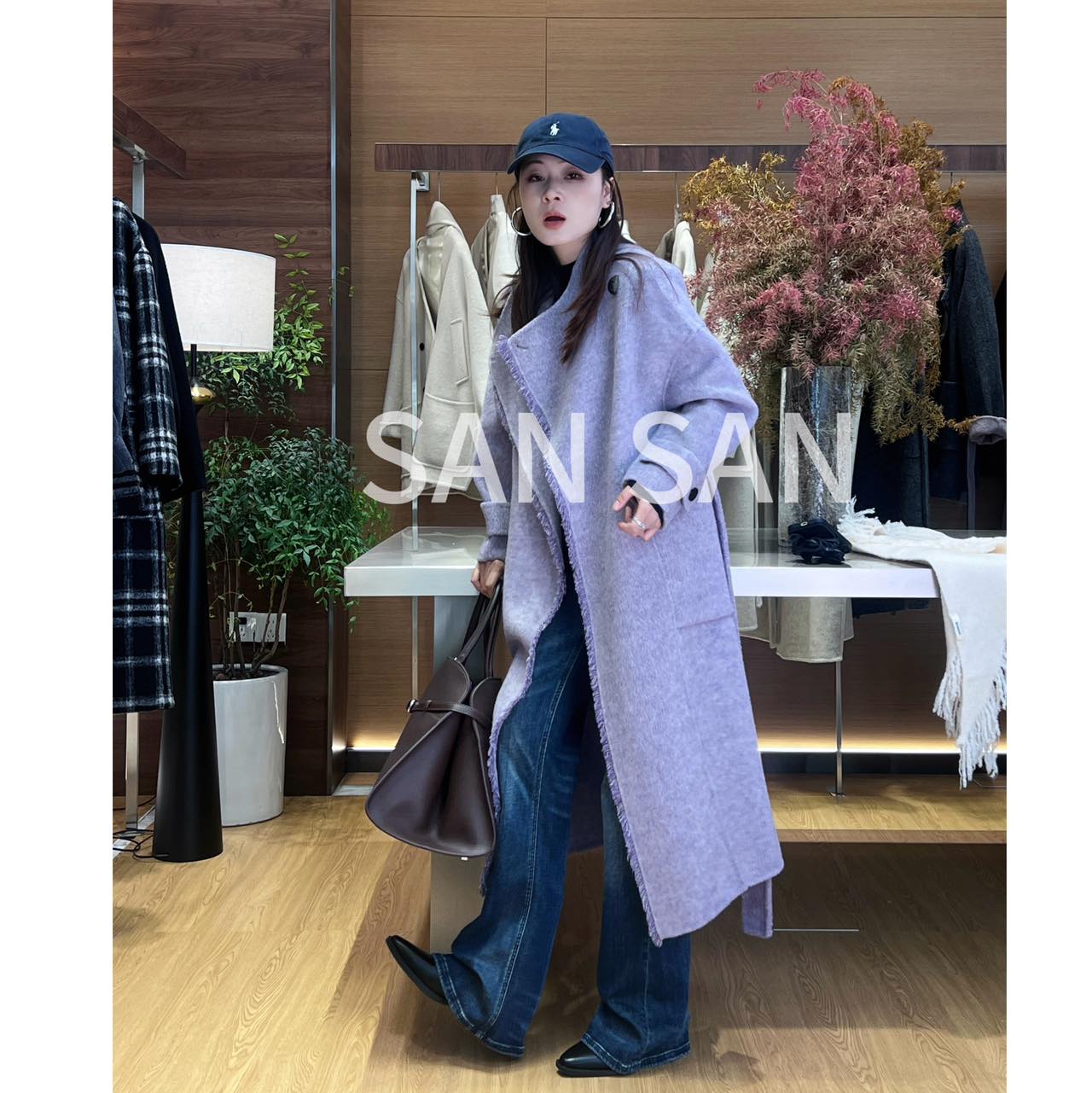 SANSAN推荐【罗马女神】绵羊毛秋冬流苏双面毛呢羊毛呢长款大衣外套