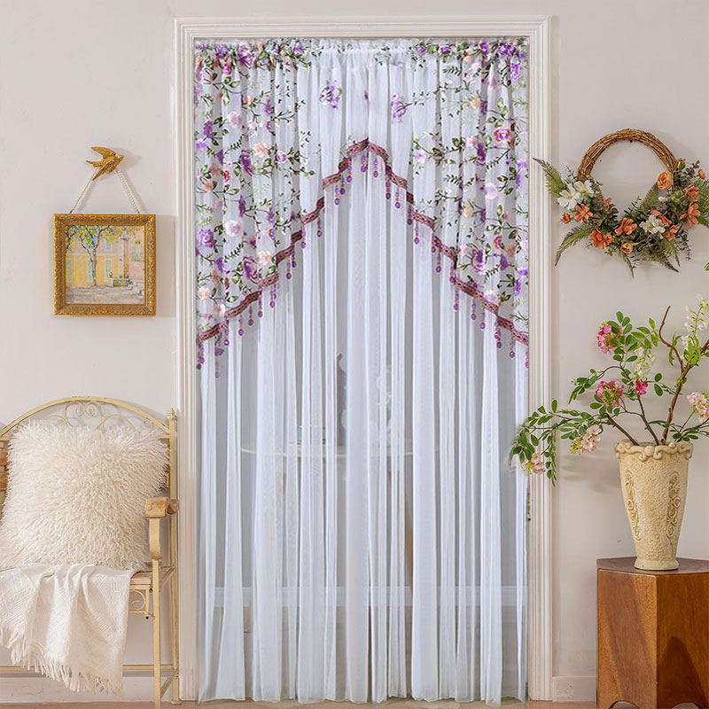 【加纱-紫气东来】蕾丝门帘双层长纱帘卧室厨房免打孔隔断帘防蚊帘