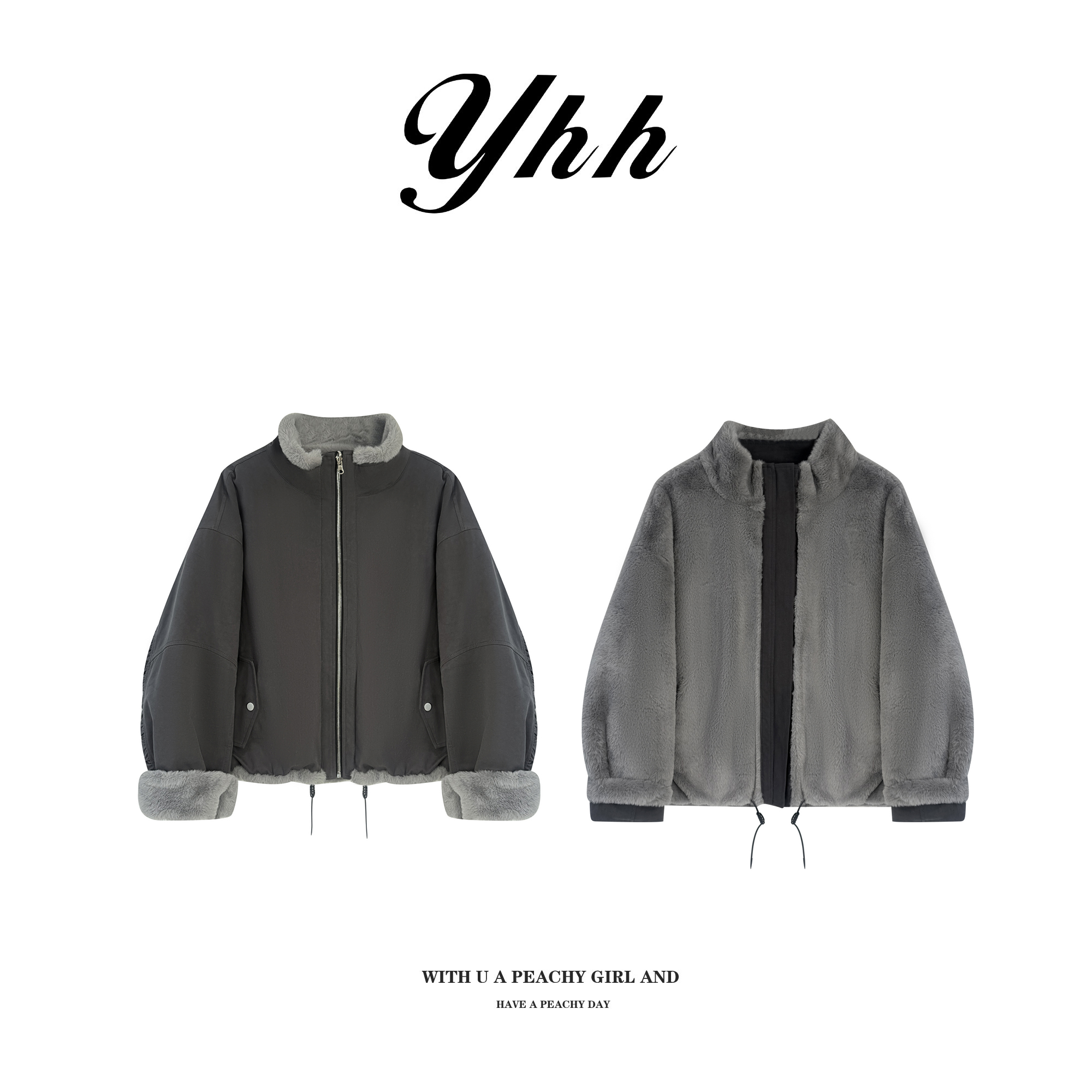  【余欢欢】冬季韩版时尚立领两面穿毛毛外套-YHW51150