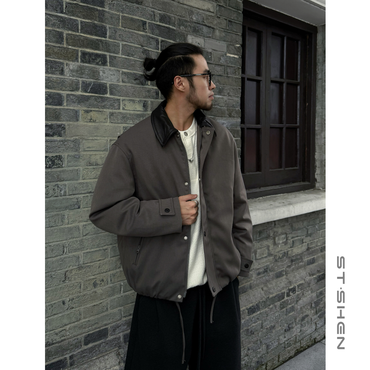 【ST·Shen】冬复古羊皮革领拼接极简短宽翻领90白鸭绒羽绒外套85275