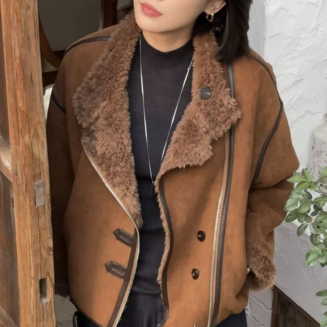 张妍LUNA 100羊毛多线条拼接可立领可翻领时尚百搭外套6113