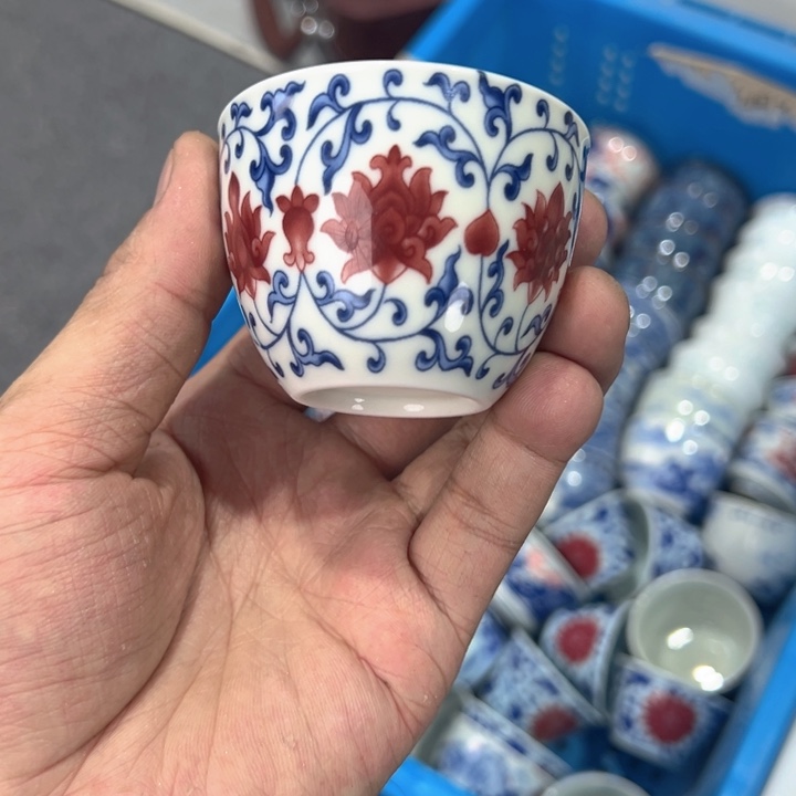 瓷片白青花釉里红缠枝莲刚杯客杯全品