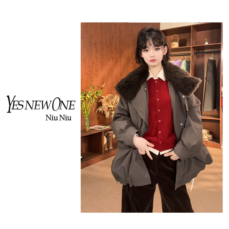 【冬日奶泡】90心鹅绒韩系工装风毛绒拼接派克服冬季保暖外套002214