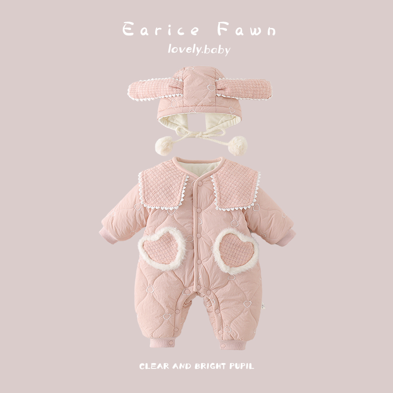 YM冬季女宝宝加厚夹棉爬爬服初生婴儿衣服棉服加绒连体衣保暖外出