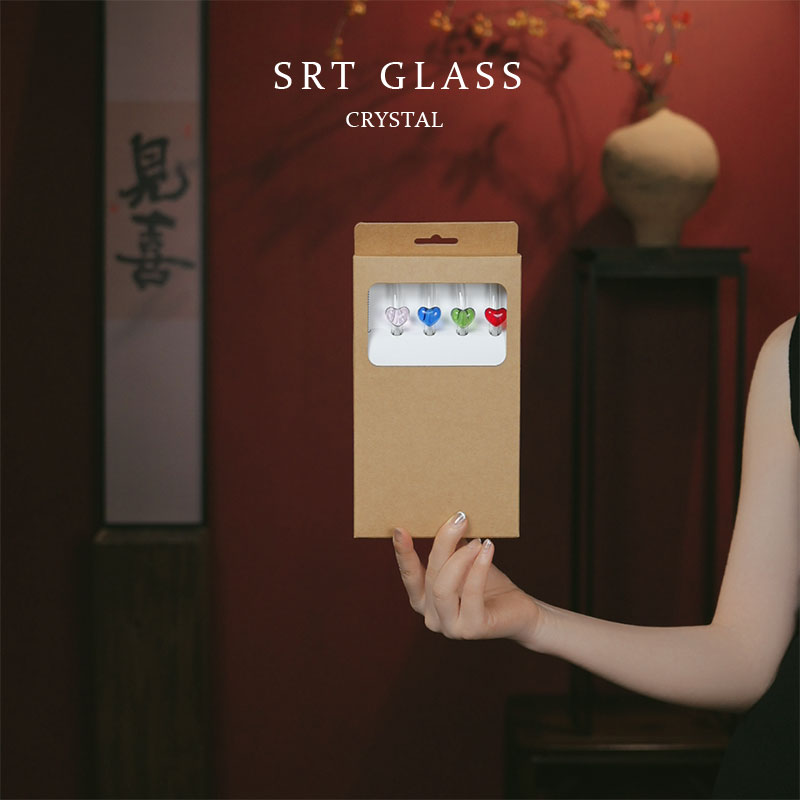 【4只装】时尚爱心高硼硅玻璃吸管彩色吸管套装食品级环保耐高低温