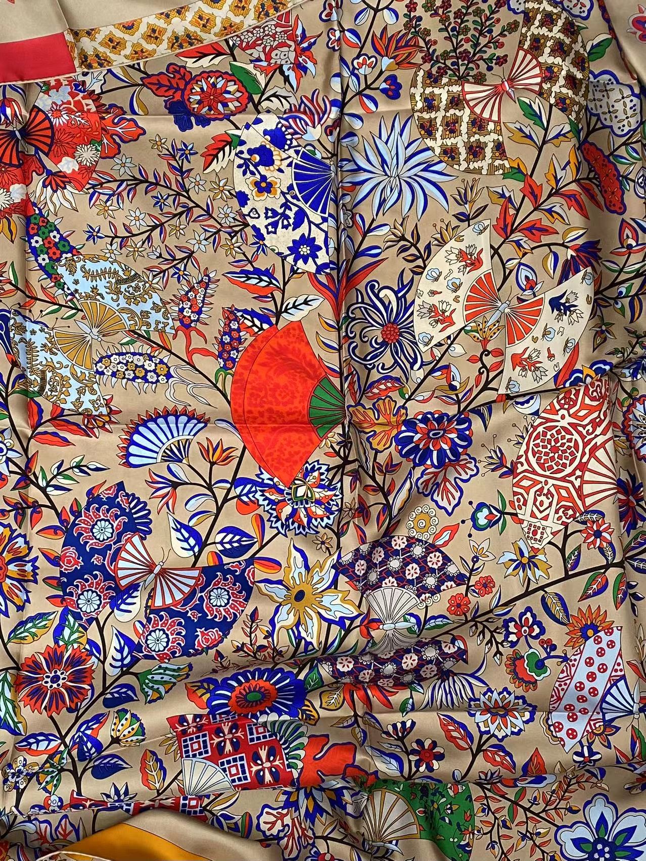 花会折扇舞斜纹绸140方巾