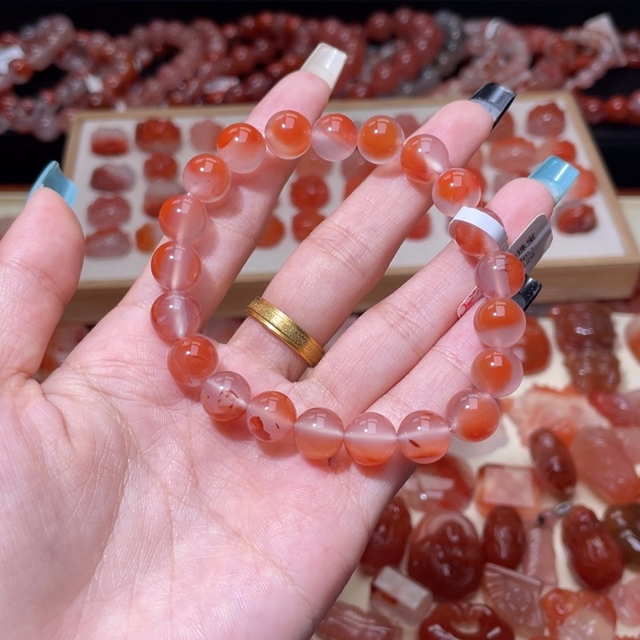 南红玛瑙冰飘花手串9m+未镶嵌1858