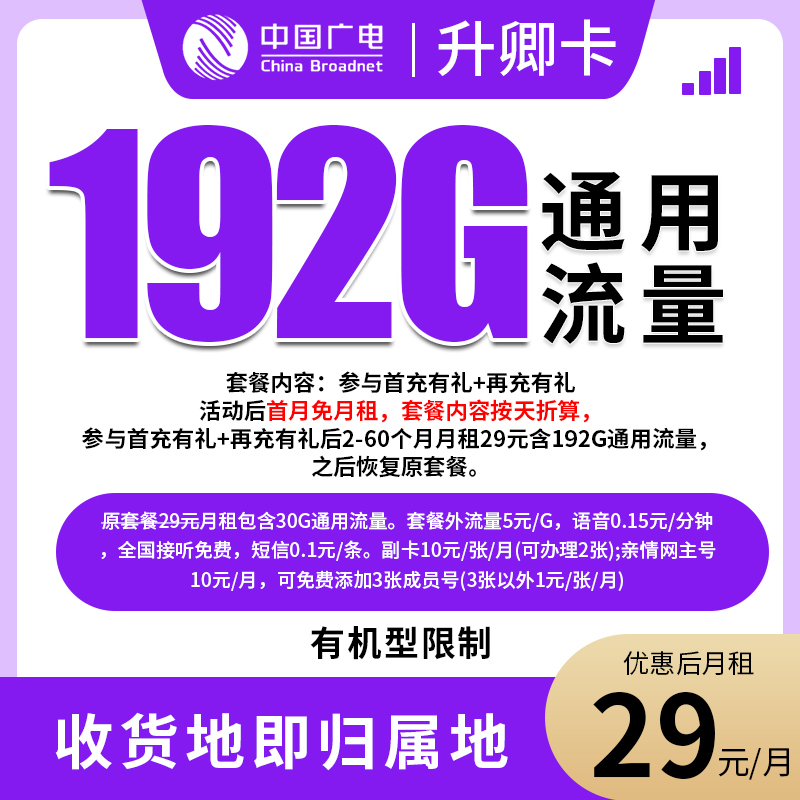 【升卿卡-发全国】大流量卡电话卡不限速5G网卡官方手机卡