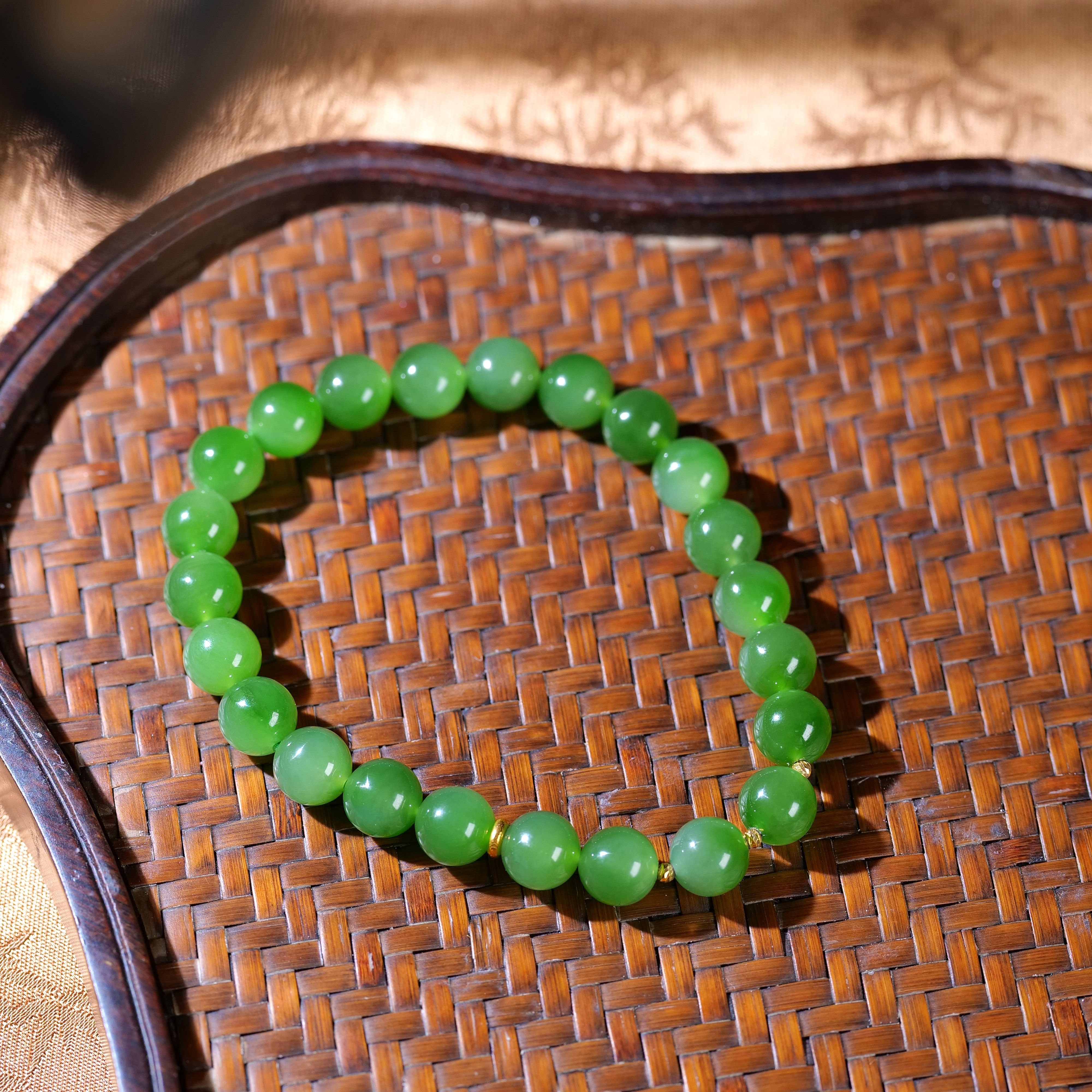 【小雨来了】18k金镶嵌 和田玉8mm碧玉手串 手链 玉手串