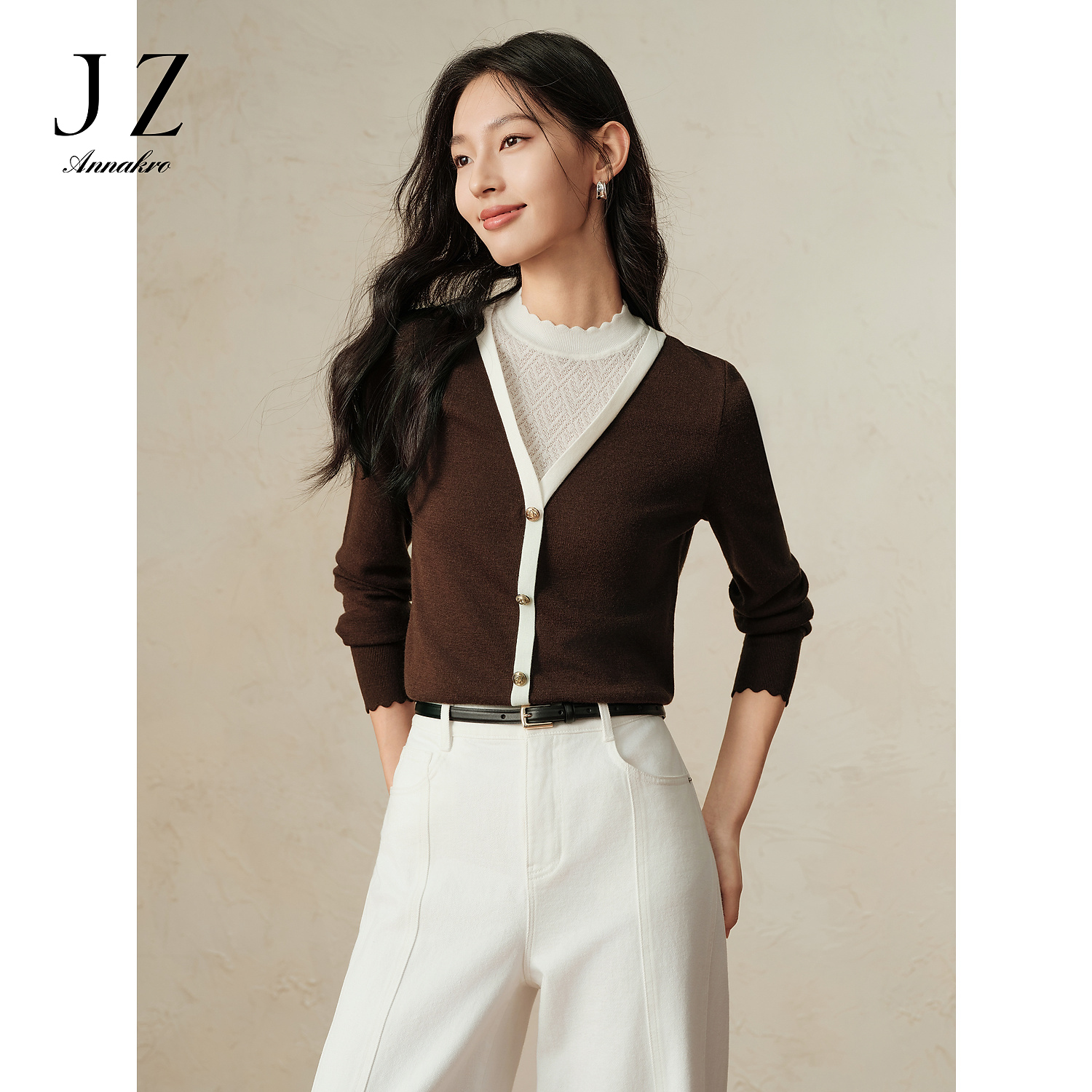 【丽公主专属】玖姿安娜蔻JTED31008轻熟风柔软花边长袖套头衫针织