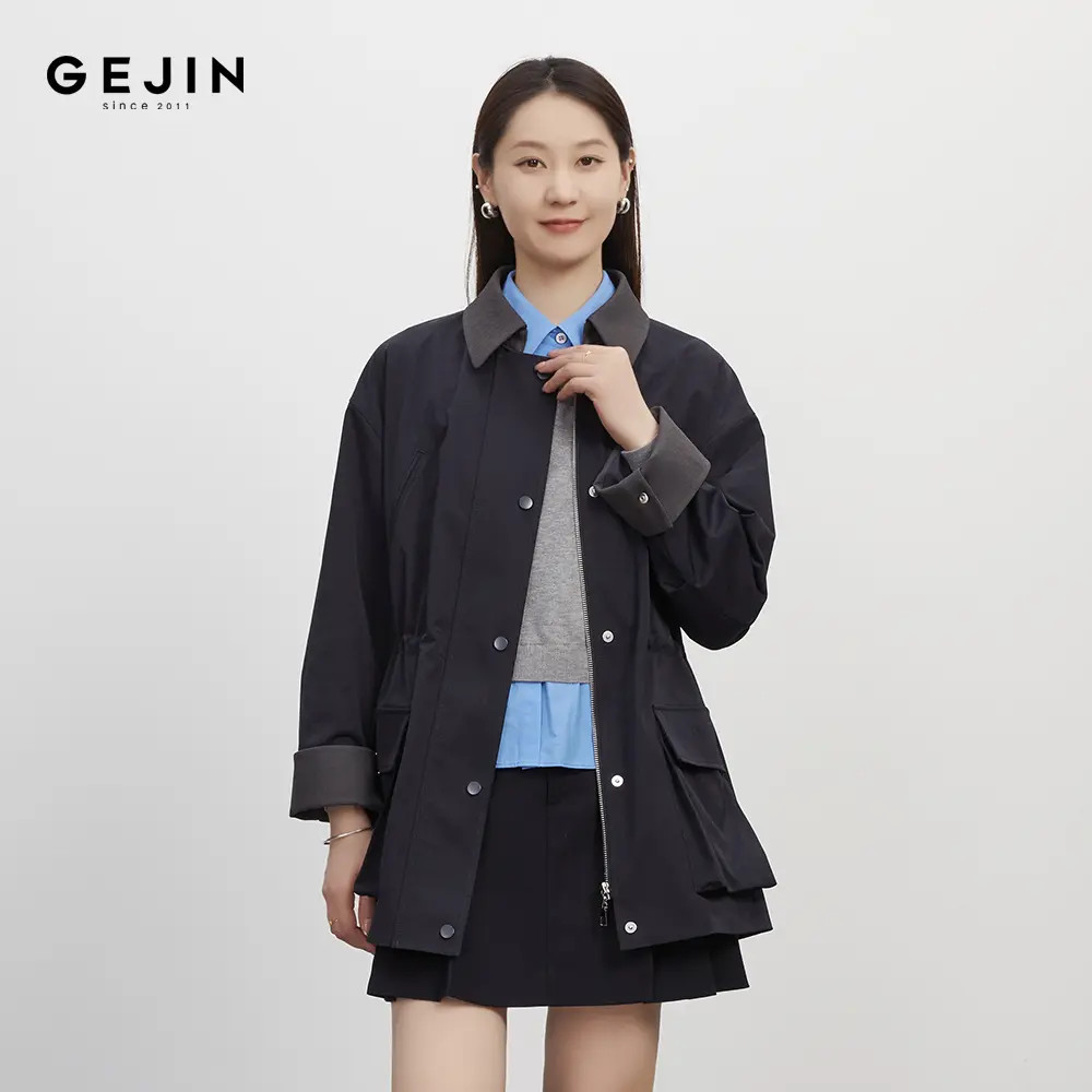 GEJIN/歌锦秋季新款简约工装风格纹宽松休闲风衣外套9332580441