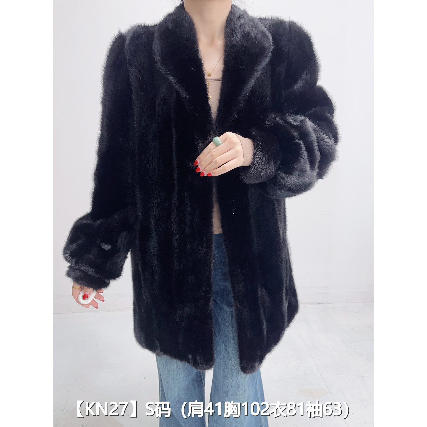 【KN27】S 本黑色中长款逆毛貂皮水貂大衣女 翻领泡泡袖 37027