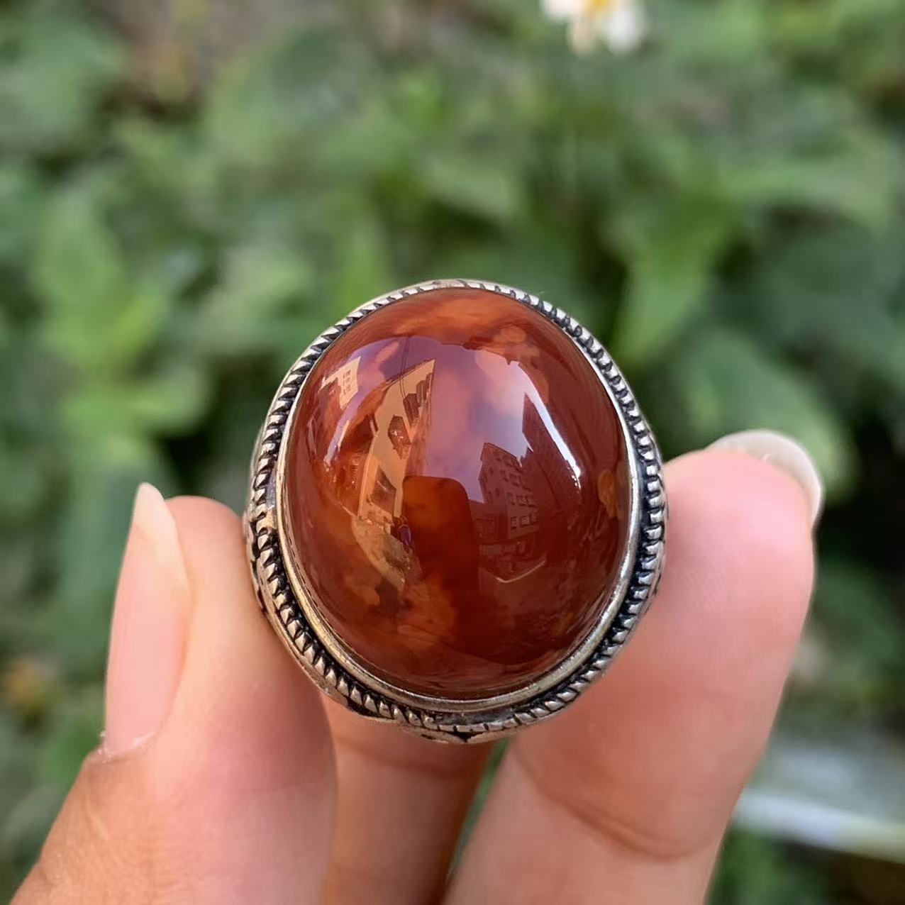 传承全品级 南红瓦西牛血红火焰 男戒 925银镶嵌 20.7*18.3*17.1