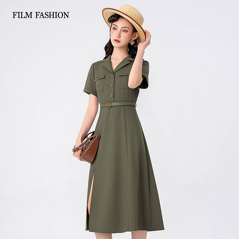 【蜜思仝】一电影一时装夏季工装风翻领中长款连衣裙FFNL123271