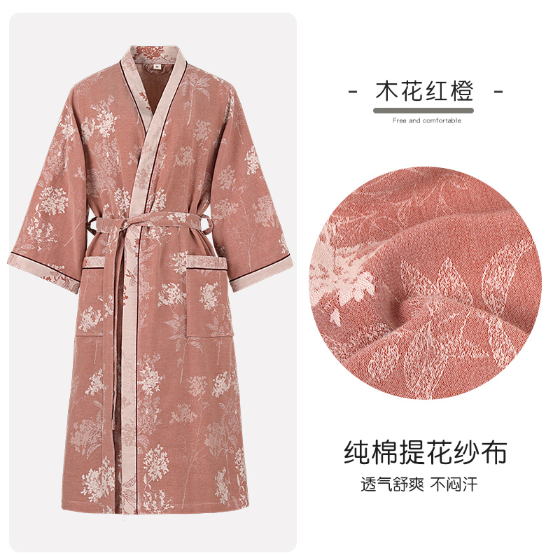 男女浴袍睡袍中袖半袖常规植物花卉提花夏季双层浴衣